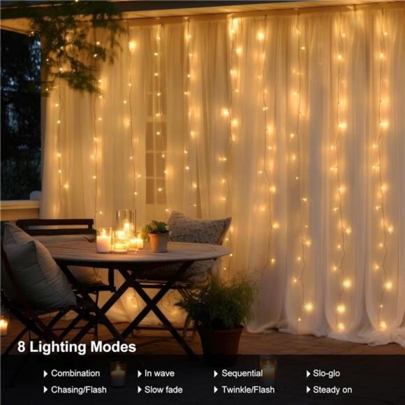 300 LED Fairy Curtain Lights Battery Operated Warm White String Lights for Bedro - Picture 6 of 7
